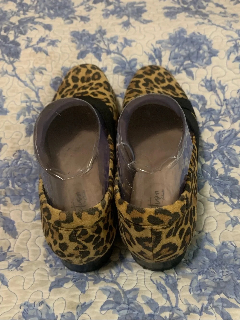 Clarks Leopard Print Slip-On Loafers with Black Elastic Cross Strap